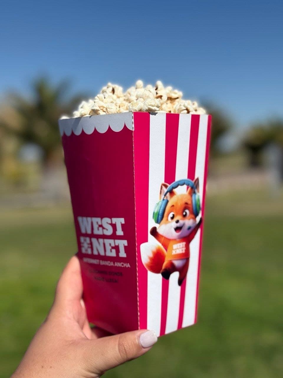 Pochoclos en un envase de Westnet con la mascota zorro, souvenir de Vendimia